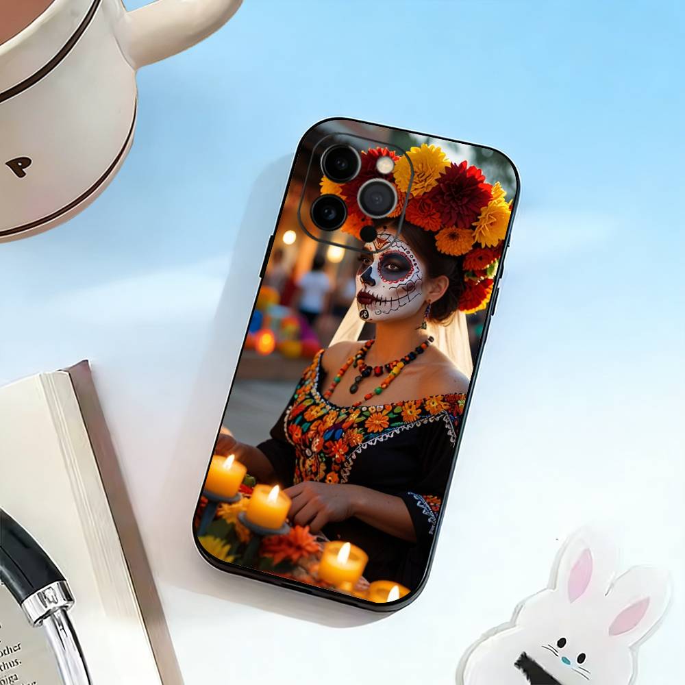 Day of the Dead Skull Phone Case For iPhone 17,16,15,14,13,12,11 Plus,Pro Max,XS,Soft Silicone Black Cover
