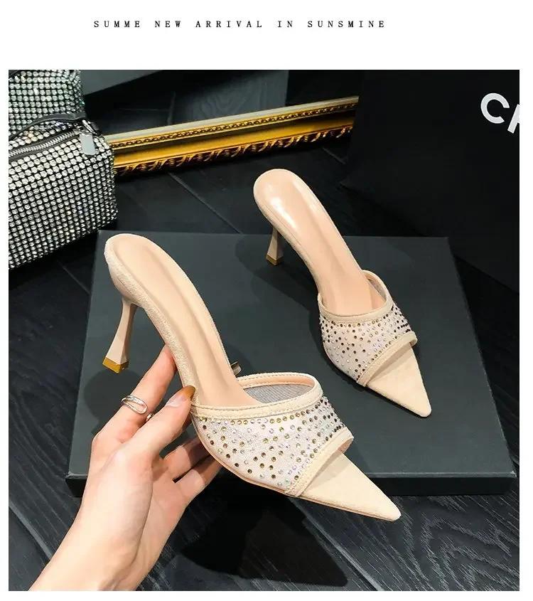 Fashion Women Mesh Sexy High Heels Slippers Women Pointed Toe Dress Shoes Female Summer Fashion Sandals  New Flip Flops Brand Pumps