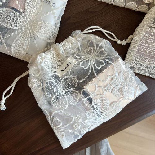 French Retro Literary Lace Cotton Embroidery Drawstring Small Cloth Bag Single-layer Thin Beam Mouth Storage Bag