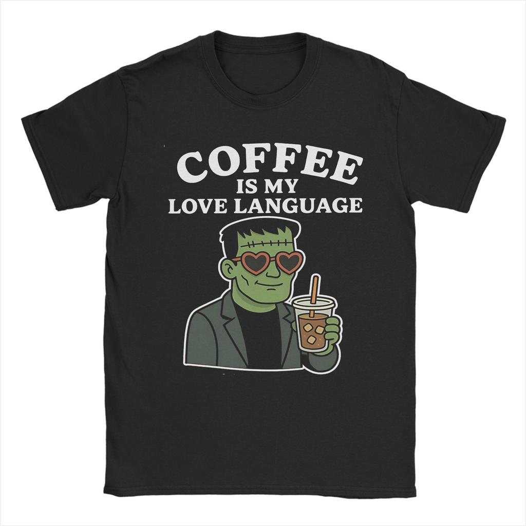 Priting Frankenstein Monster Love Coffee T-Shirt Men's Cotton Short Sleeve Round Neck Summer Clothing