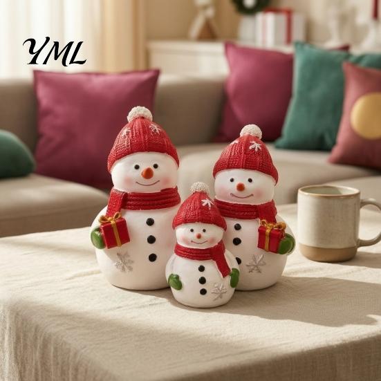 Seasonal Home Decor Christmas Resin Snowman Figurine, Cute Family of 3 Statue with Santa Unique Presents Hat, Red Scarf, Holiday Tabletop Ornament for
