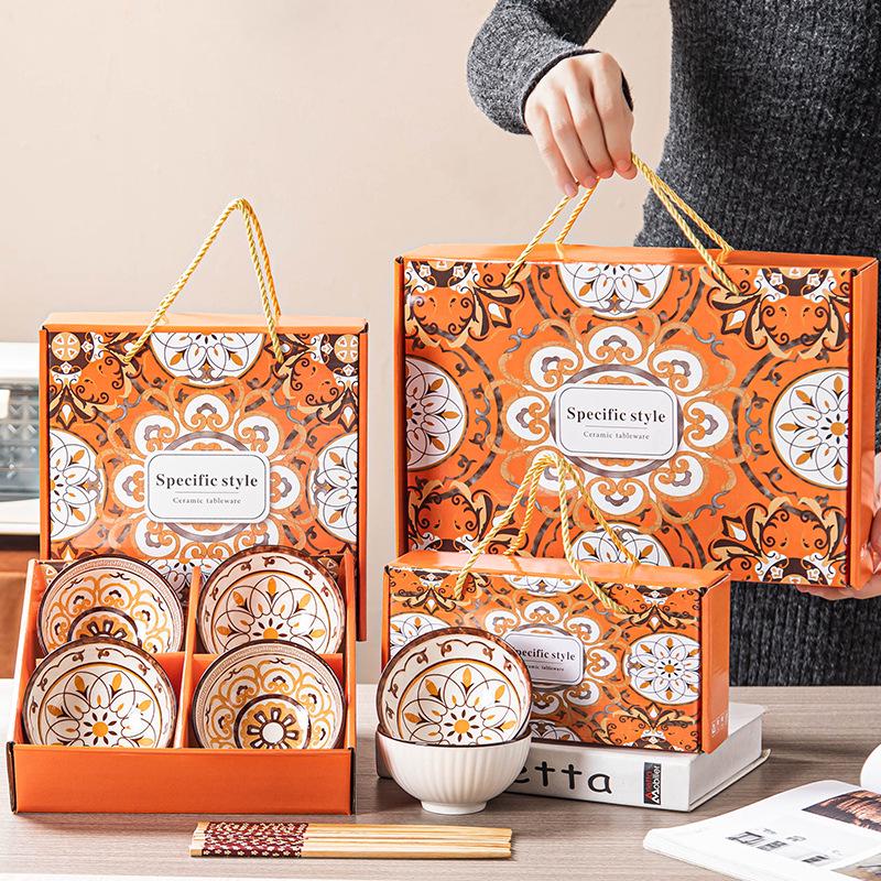 Retro Vintage Ceramic Dinnerware Set: Bowls, Plates, Dishes, Chopsticks in Gift Box - Sophisticated Small Souvenir.