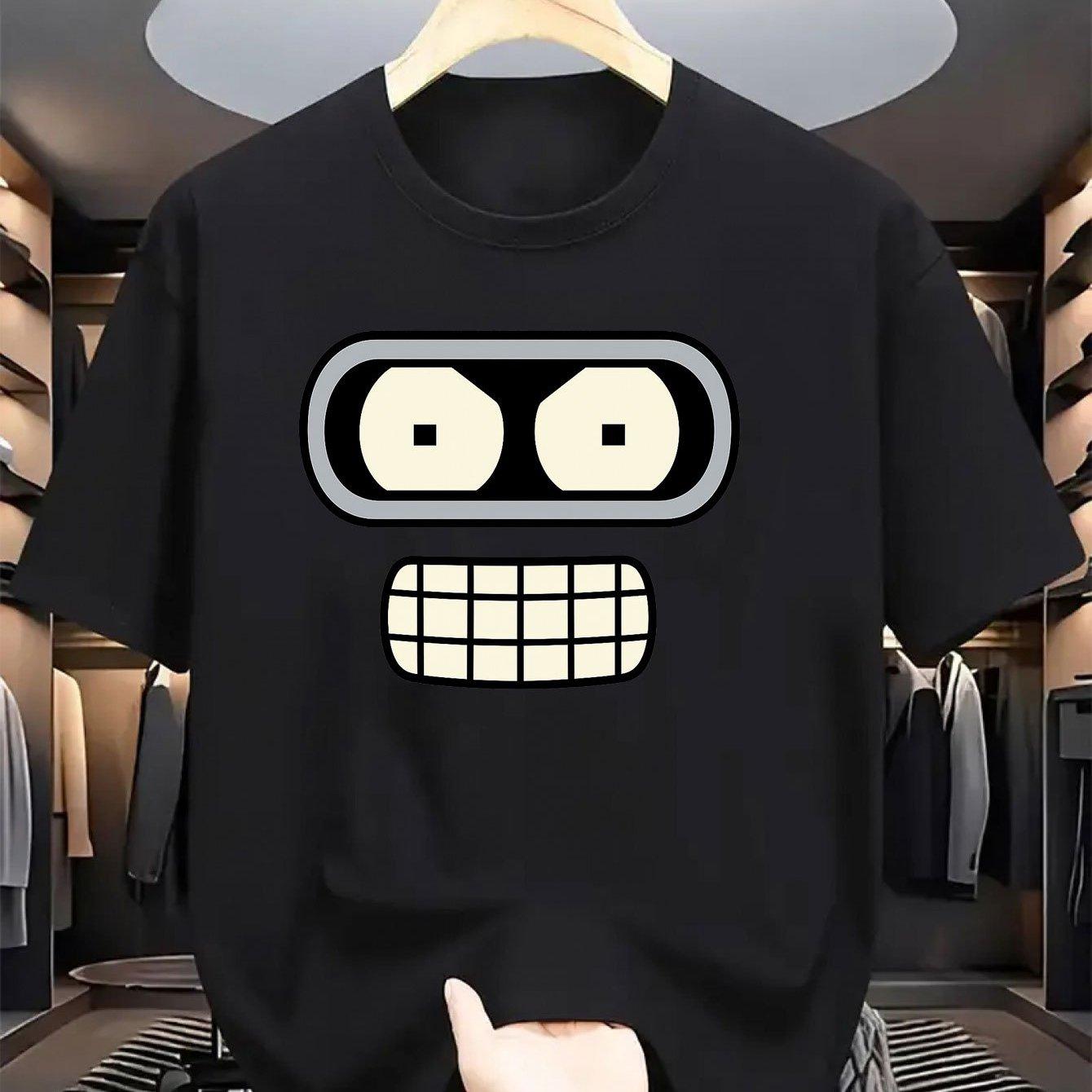 Men Bender Robot Graphic T-Shirt Funny Futurama Bender Design Breathable Cotton Round Neck Short Sleeve S
