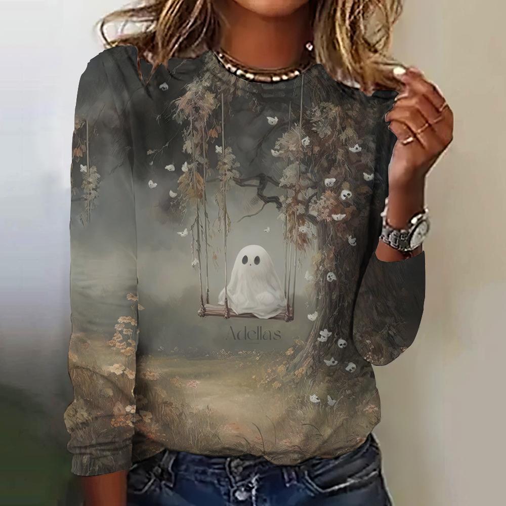 Family Of Ghosts Pattern Print Funny Women's T-shirt Halloween 2024 New Long Sleeves T Shirt Tops Fashion Y2K Clothes Streetwear