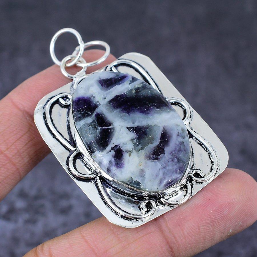 Pendentif en Améthyste Chevron Fait Main en Argent Sterling 925 2,40" c8S90