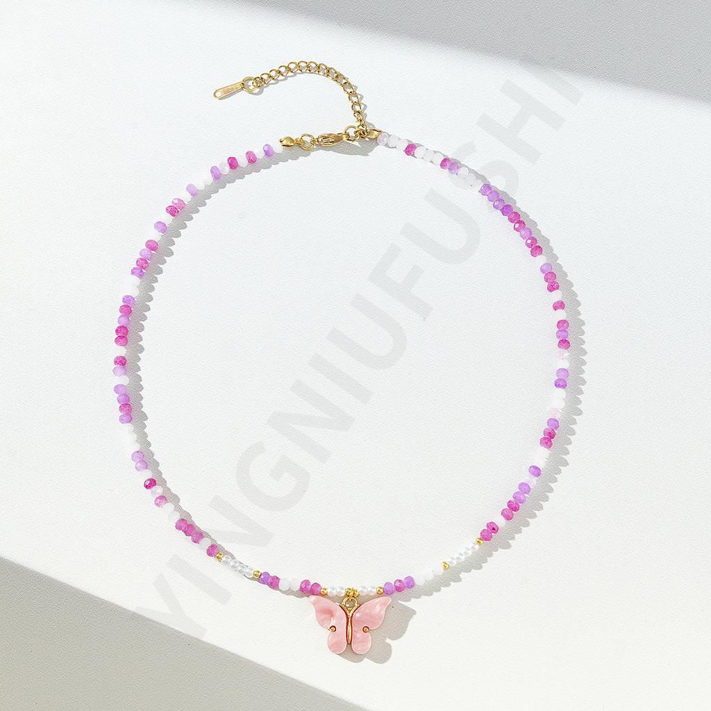 Candy color beaded butterfly pendant necklace female niche sweet and cute girl wind collarbone chain new accessories