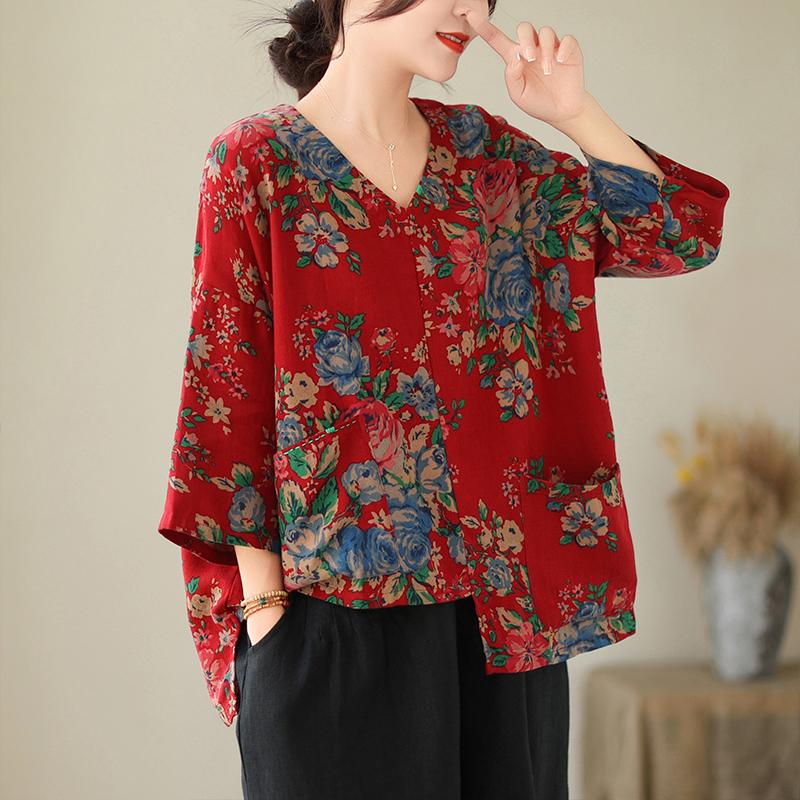 DIMANAF 2025 Summer Plus Size T-Shirt Asymmetrical Women V-Neck Loose Floral Basic Tops Tees Maxi