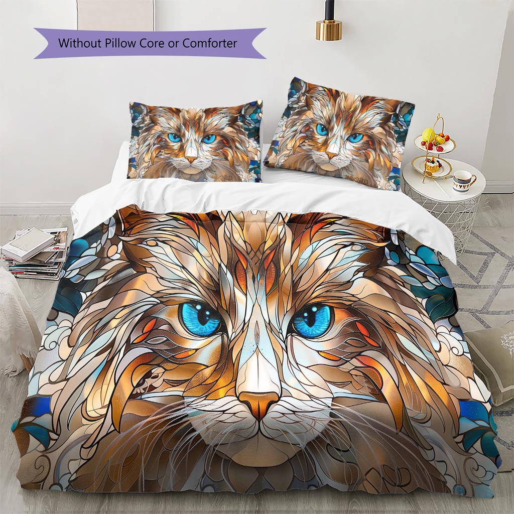 Orange Cat Pattern Bedding Quilt Set Quilt Cover Pillowcase Home Decoration Gift (1 * Duvet Cover + 2 * Pillowcase, Without Core)
