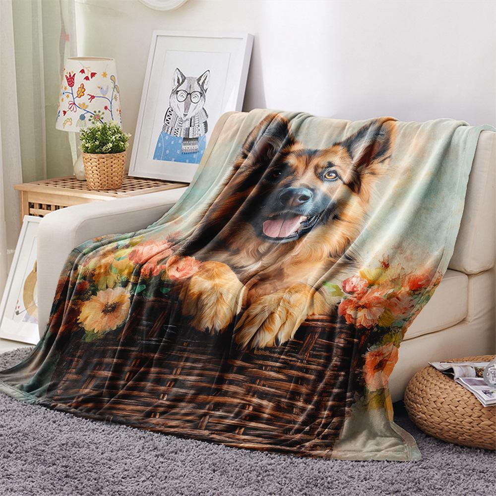 Flower Basket Dogs Print Flannel Blanket, High quality Comfortable for All Seasons, Home Decor, Warmth and Comfort