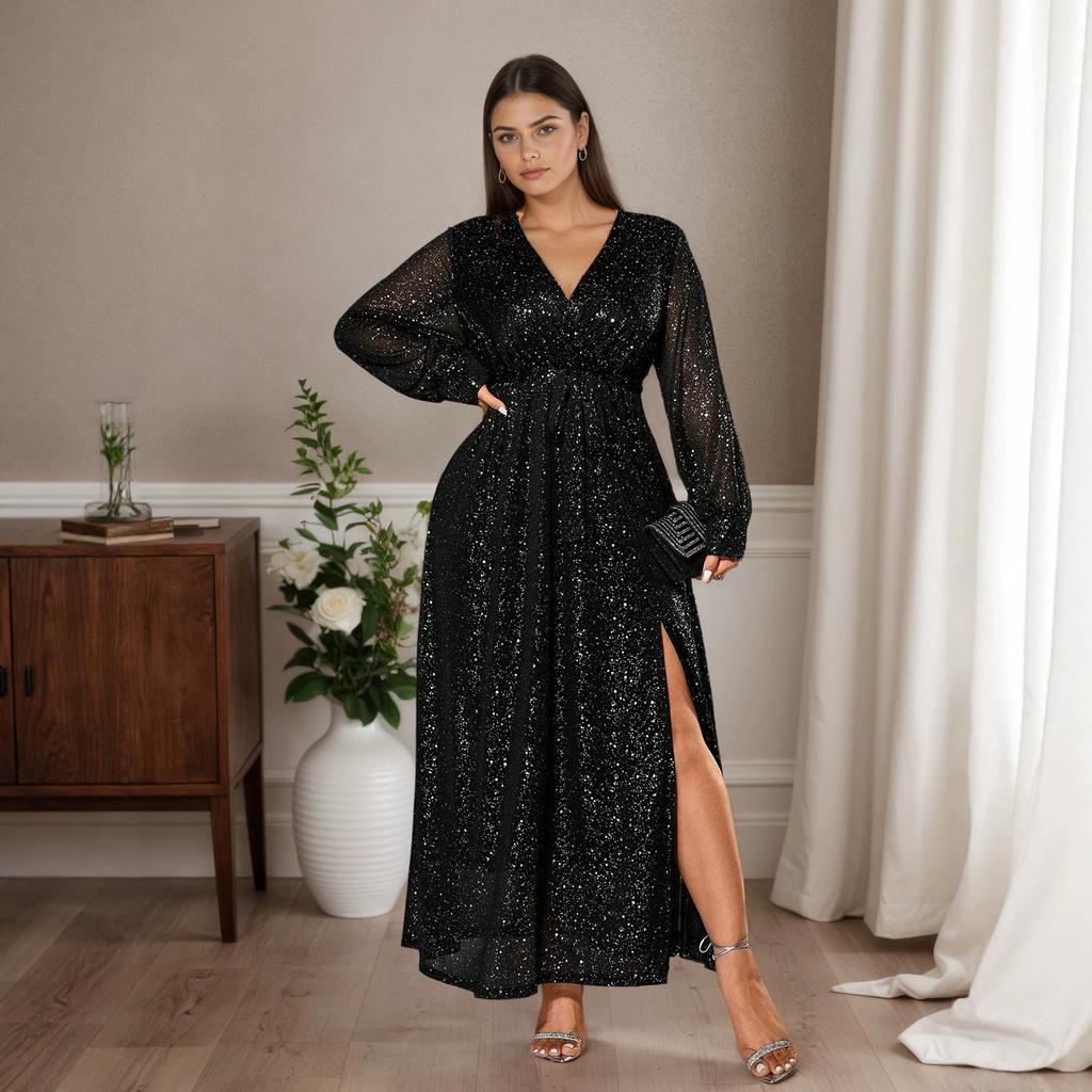Dámské nadměrné velikosti Dlouhý rukáv Třpytivé Maxi šaty V výstřih Lampionový rukáv Zavinovací Formální róba