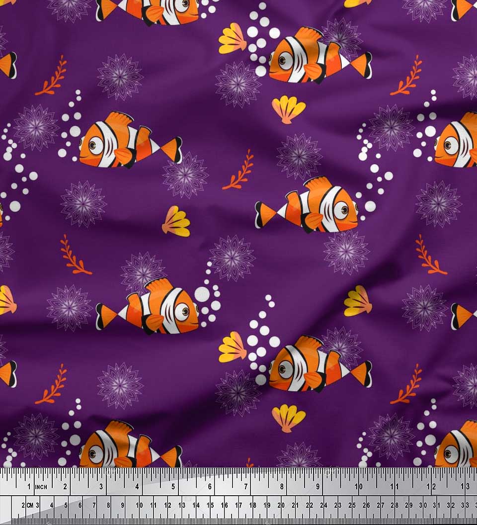 

Японська креп-атласна тканина Soimoi з квітковим принтом, мушлями та рибою. Тканина з океанським принтом на метр 42 дюйма 42 Inch Wide - Poly Crepe фіолетовий