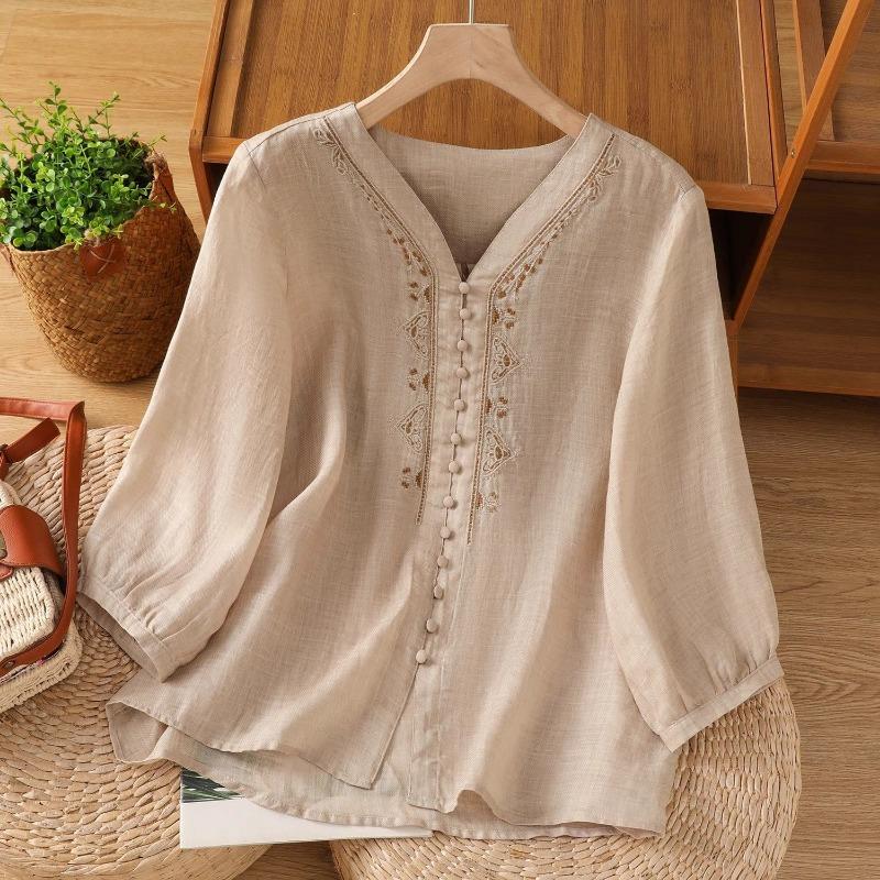 Cotone e Lino 2025 Camicia a Cinque Punti Colore Unico Estiva Larga Nuova Tempo Libero Retro Top Ricamato