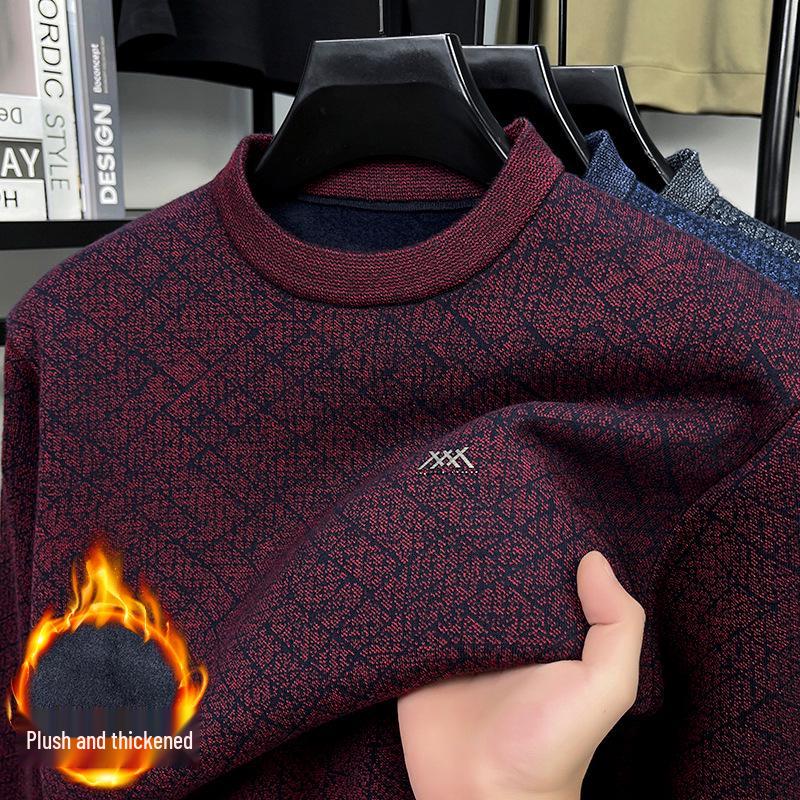 

Men s Thick Knit Wool Sweater - Loose Fit, Casual Warm Velvet Pullover XL 68-75kg вина червоного кольору