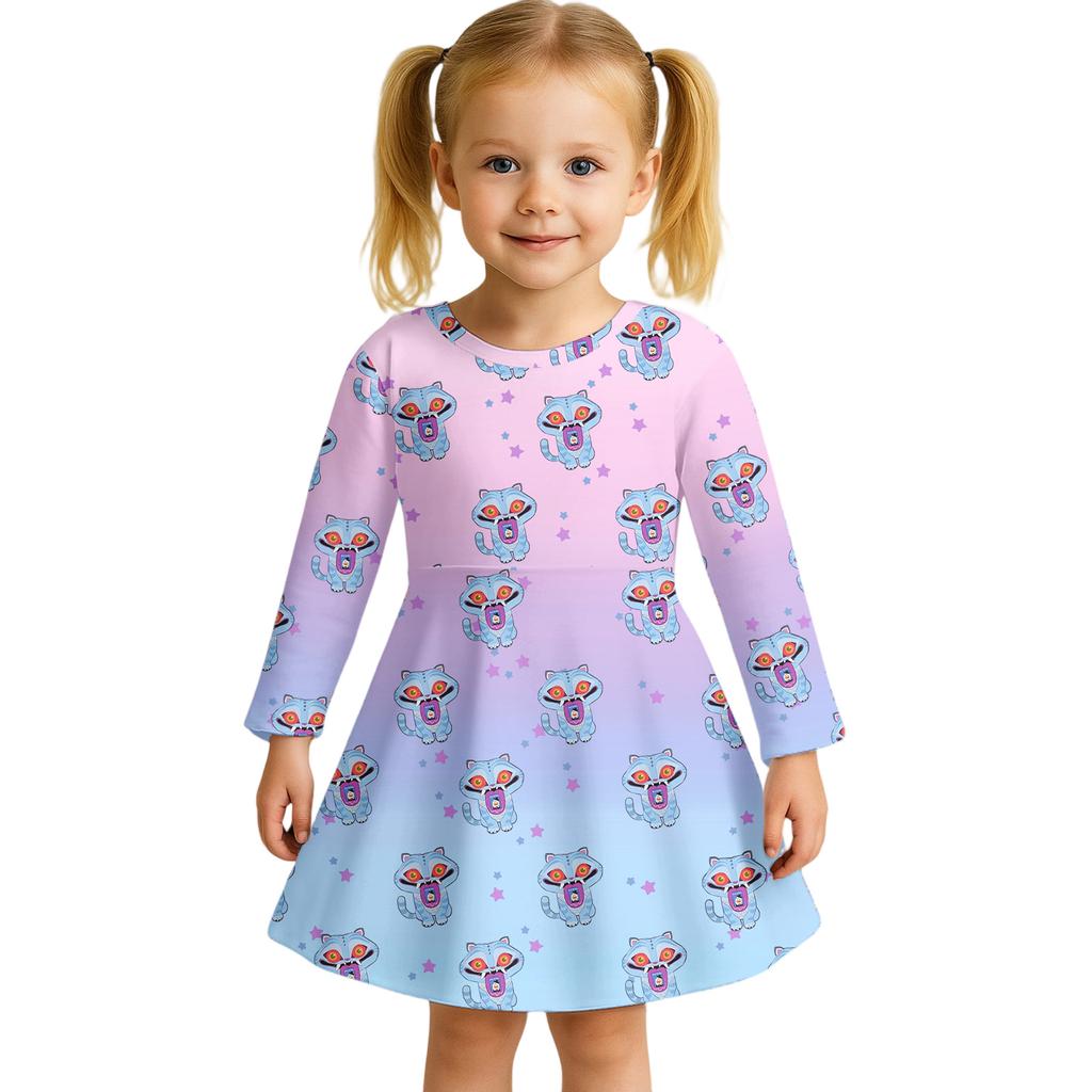 Kids Girls Casual Daily Dress Cute Cartoon Print Long Sleeves Dance Wear Princess Dress  2-12 Years