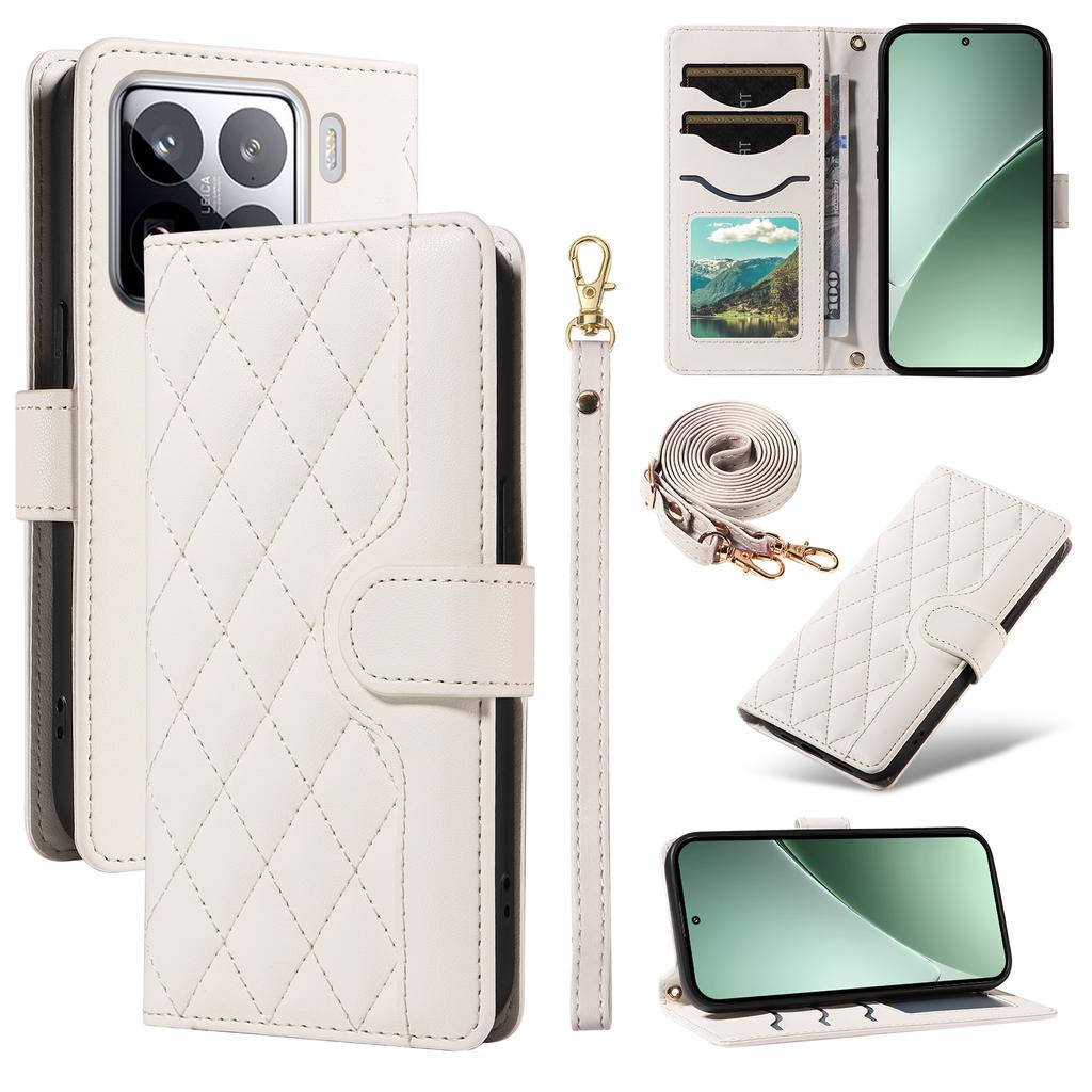 For Xiaomi 15 Pro Wallet Case Rhombus Leather Phone Cover with Shoulder Strap, Wrist Strap