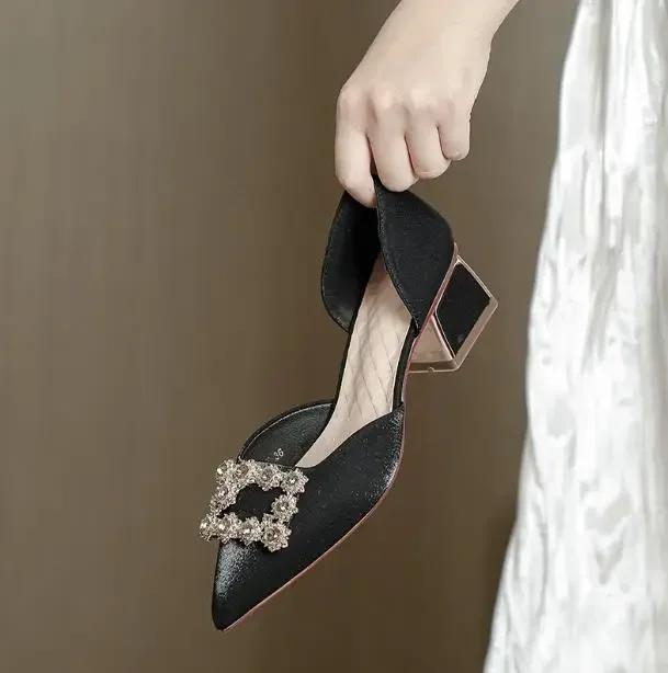 Fashion Women's Spring and Summer New Pointy High Heels Metal Buckle Wine Red Light Mouth Thick Wedding Shoes