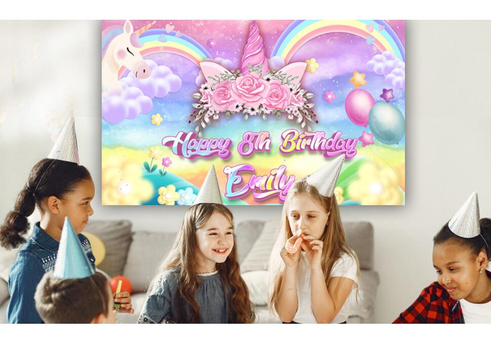 Personalised Birthday Backdrop Background Banner unicorn girl children Party