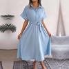 New Summer Women Casual Loose Lapel Neck Button Dress Shirt Skirt Solid Color Lace Up