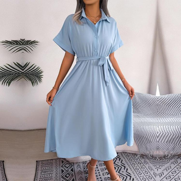 New Summer Women Casual Loose Lapel Neck Button Dress Shirt Skirt Solid Color Lace Up