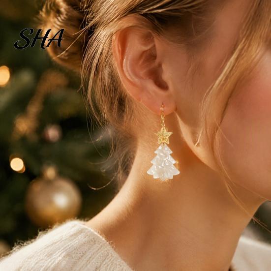 Gift for Her on Christmas 1 Pair Tree Earrings, Glitter Acrylic Star Xmas Shape Cute Earrings Winter Dangle Holiday Festive Jewelry New Year