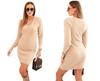 Dark Beige Knit Women's Dress with V-Neck - Elegant, Fitted