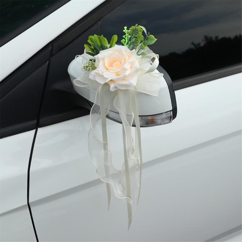 Ornement Floral pour Véhicule de Cérémonie avec Rubans de Roses Artificielles Longueurs pour Placement sur Miroir de Mariage et Accent de Voiture