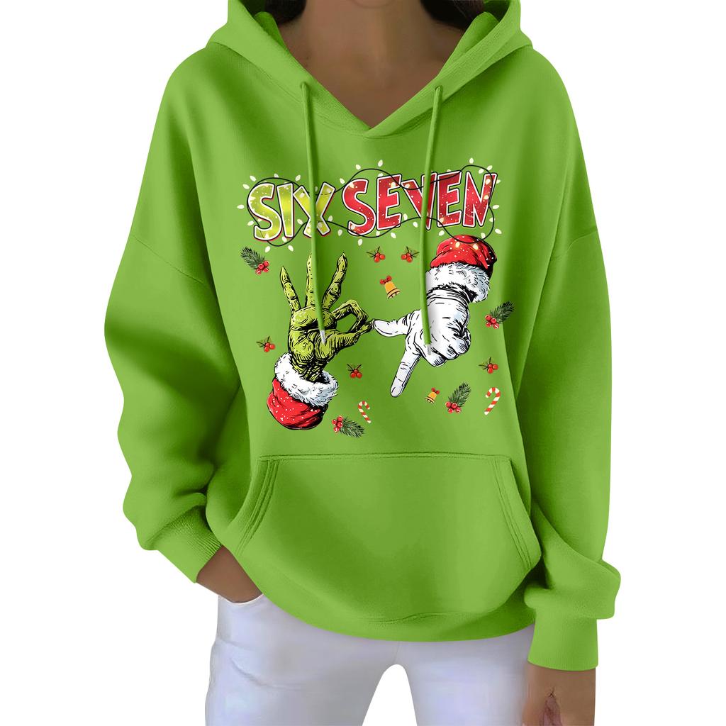 Damenmode Damen Leichter Langarmpullover mit Taschen Preppy Graphic Hoodie