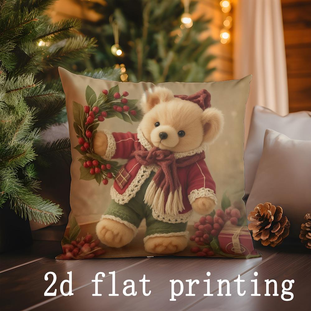 

Home Decor Christmas Teddy Bears Wreath Decorative Pillows Pattern Cushion Cover Suitable for Sofa Bedroom Car Pillow Cover 16x16Inch