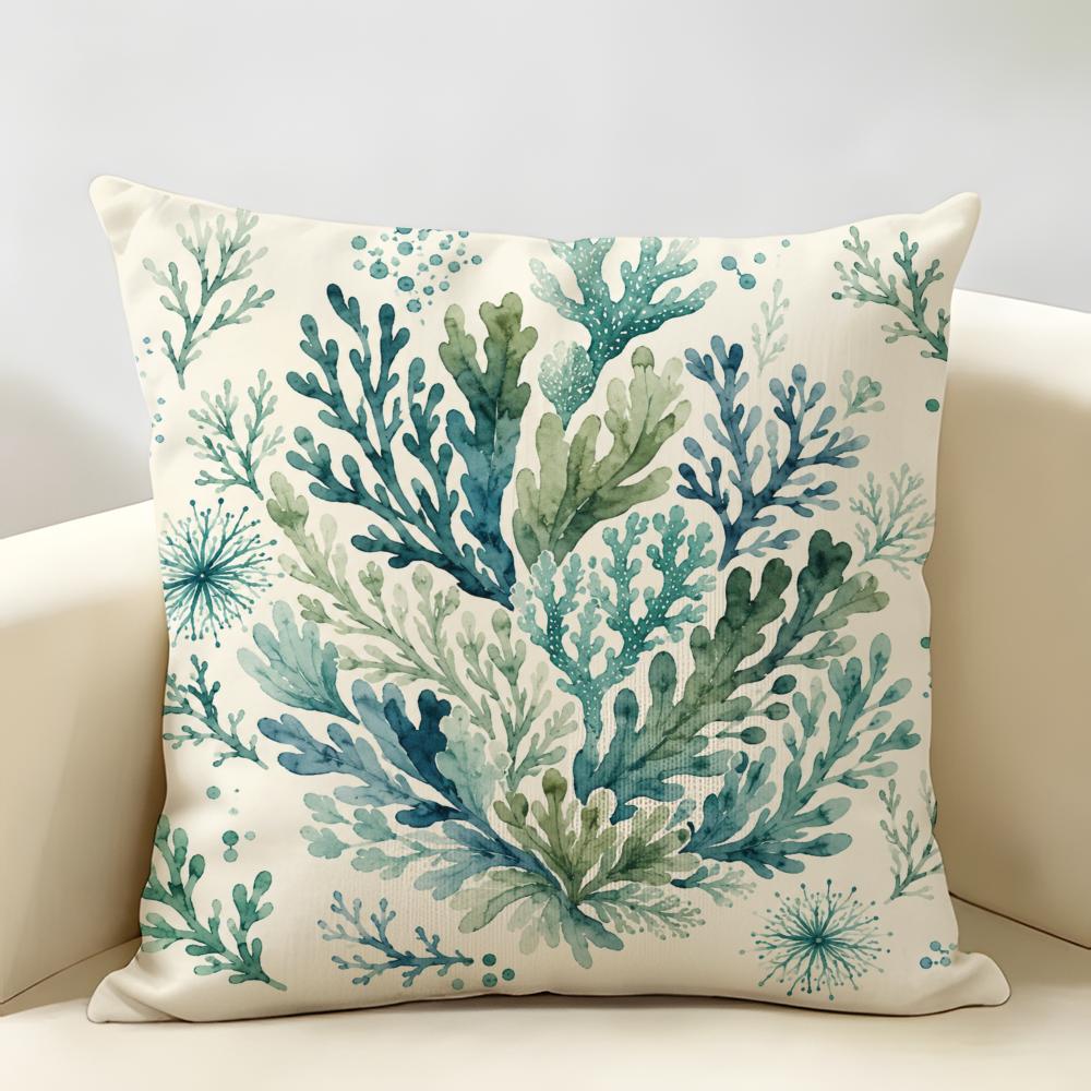 Green And Blue Coral Leaves Cushion Cover Natural Linen Organic Fabric Double-Sided Printing Breathable Perfect For Home Decor