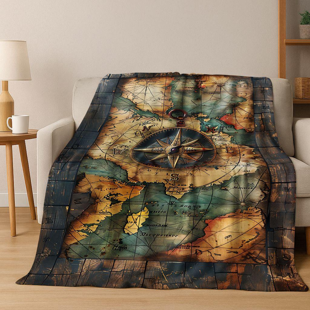 Retro Nautische Karte Kompass Schatzkarte Flanell Decke, Gemütliche Weiche Überwurfdecke für Zuhause Schlafzimmer Bett Sofa Abdeckung Geschenk Kinder