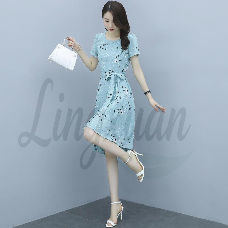 Весенне-Летнее Корейское Платье в Стиле Мори Французское Шифоновое Платье в Горошек с Высокой Талией и Стройнящим Эффектом L светло-синий