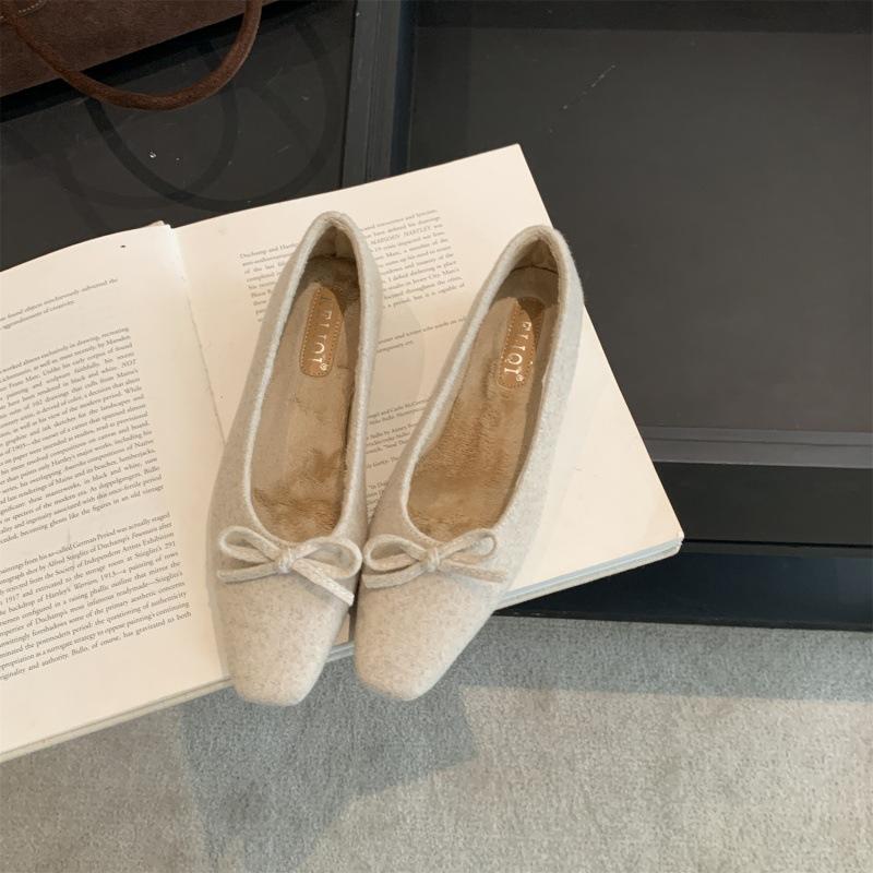 Gentle retro woolen single shoes women's bow flat-bottomed ballet ladyshoes autumn and winter velvet warm grandma shoes