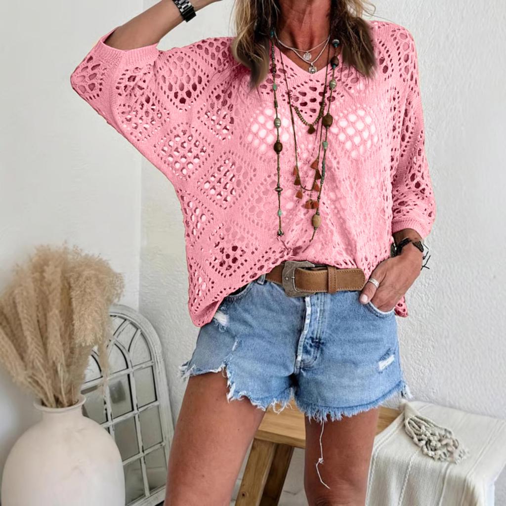 Women's V-neck Diamond-shaped Openwork Sleeve Sweater Cardigan Knitted Top