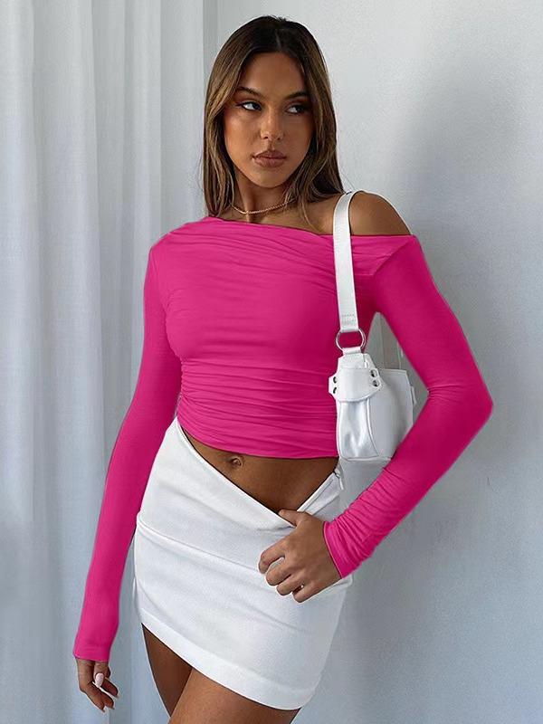 2025 Women's Asymmetrical One-Shoulder Solid Color Long Sleeve Slim Fit Cropped Top