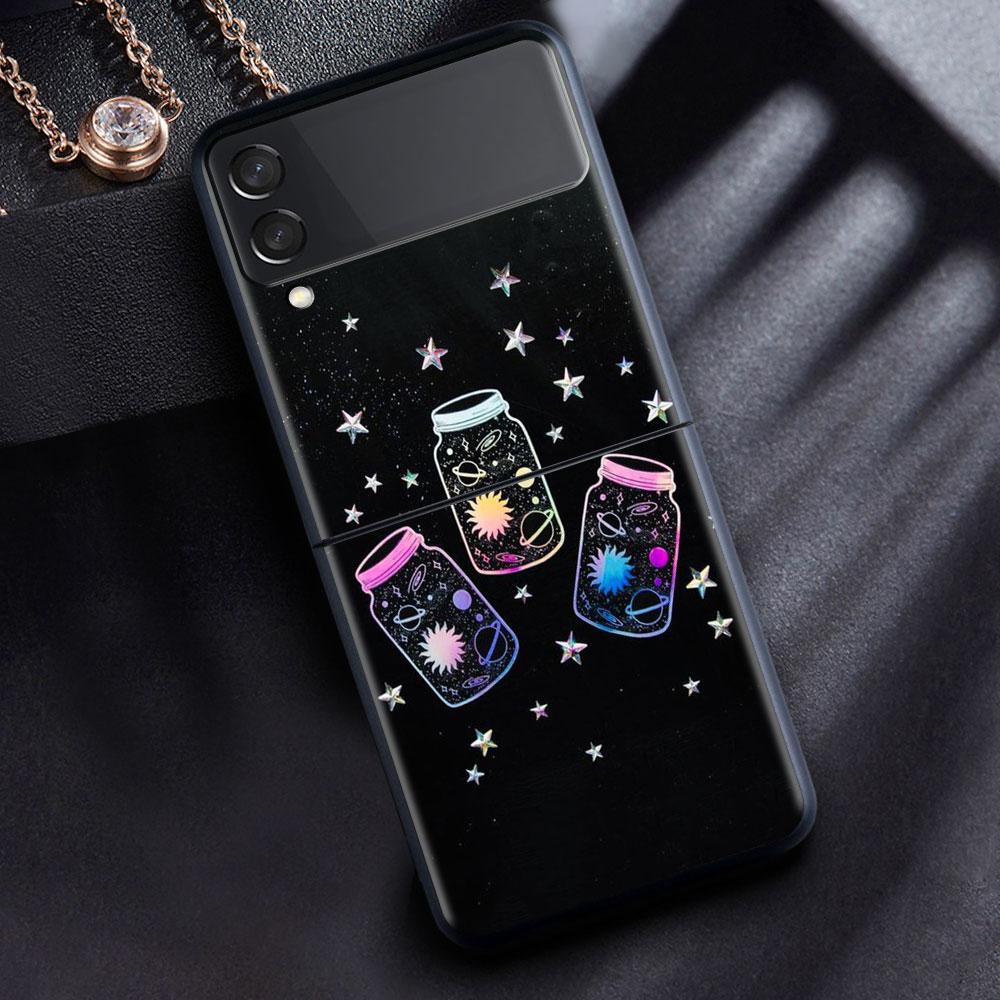 Case For Samsung Galaxy Z Flip 3 4 5G Black Hard PC Phone Housing Z Flip4 Luxury Segmented Cover Cosmic Planet