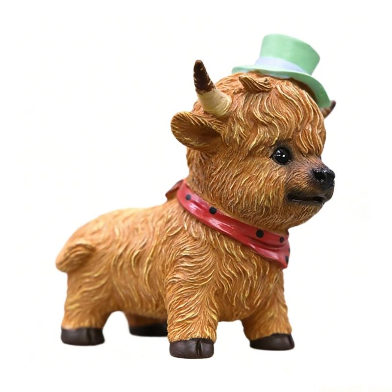 QX2E Detailed Scottish High Land Cow Resin Figure with Bowknot For Calf Lover Party Gift