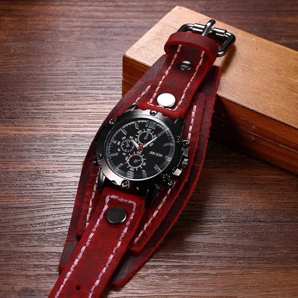 Rock Punk Men's Analog Quartz Watch Waterproof Leather Bracelet Wide Band Fashion Accessory