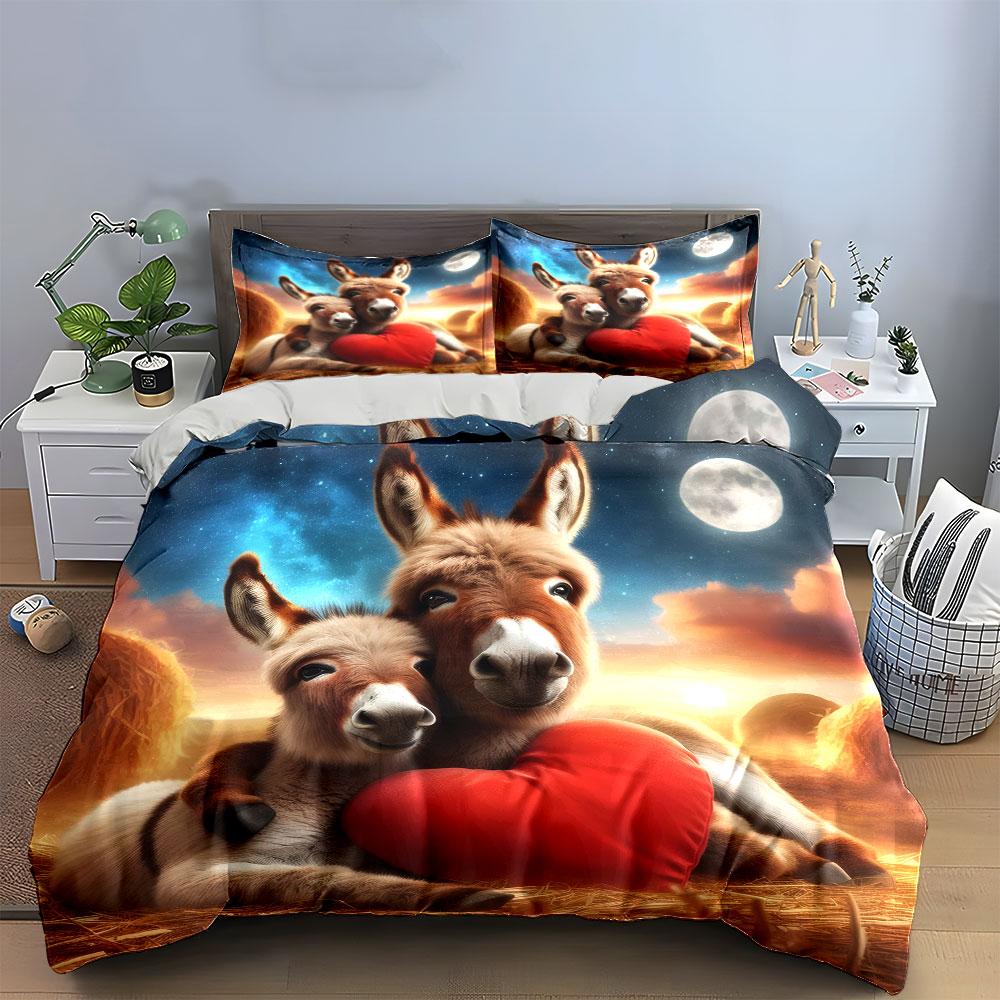 3Pcs Donkey Family Bedding Set, Mother And Baby Donkey With Heart Print Duvet Cover + 2 Pillowcases, Cute Bedroom Decor