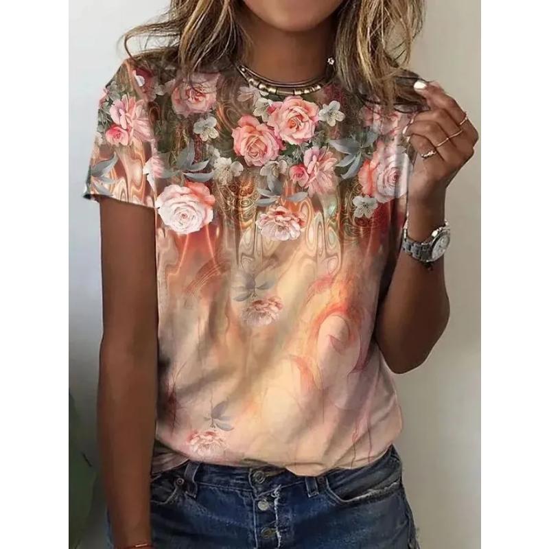 Modisches Damen-T-Shirt mit Rundhalsausschnitt, 3D-Farbdruck