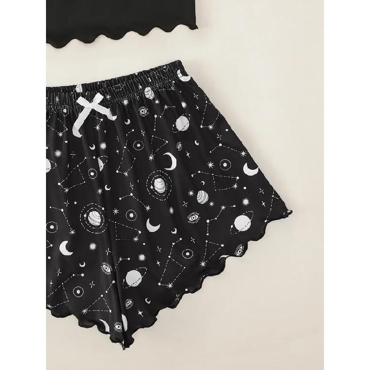 Summer Sleepwear for Women Pajamas Set Star Moon Printed Sleeveless Sling Crop Tops and Shorts Set Homewear Loungewear Pijama