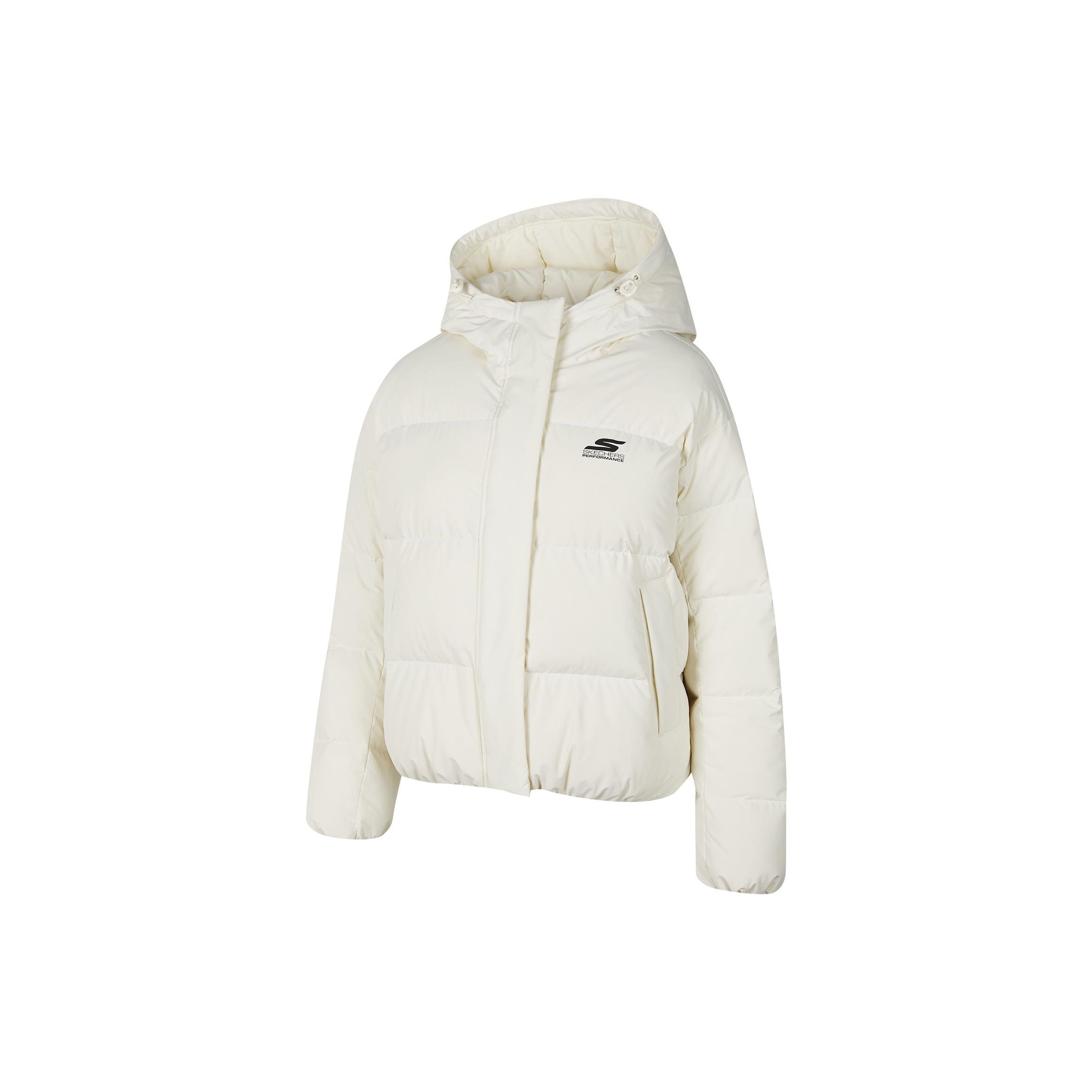 Skechers Basic Letter Logo Printed Woven Hooded Warm Short Jacket Down Coat Women jackets Tofu-White P423W084-0211 L