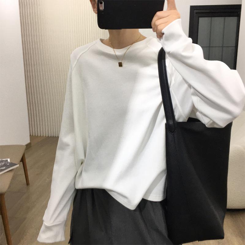 Women's Crew Neck Raglan Sleeve Sweatshirt Loose Fit Solid Color Korean Casual Style Autumn Cropped Cotton Pullover Versatile Daily Long Sleeve Top