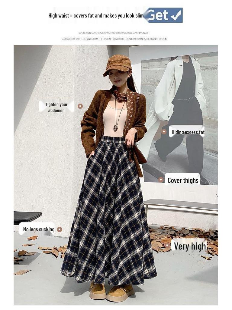 Thickened Warm Wool Retro Plaid Umbrella Skirt - 2025 Autumn/Winter Collection