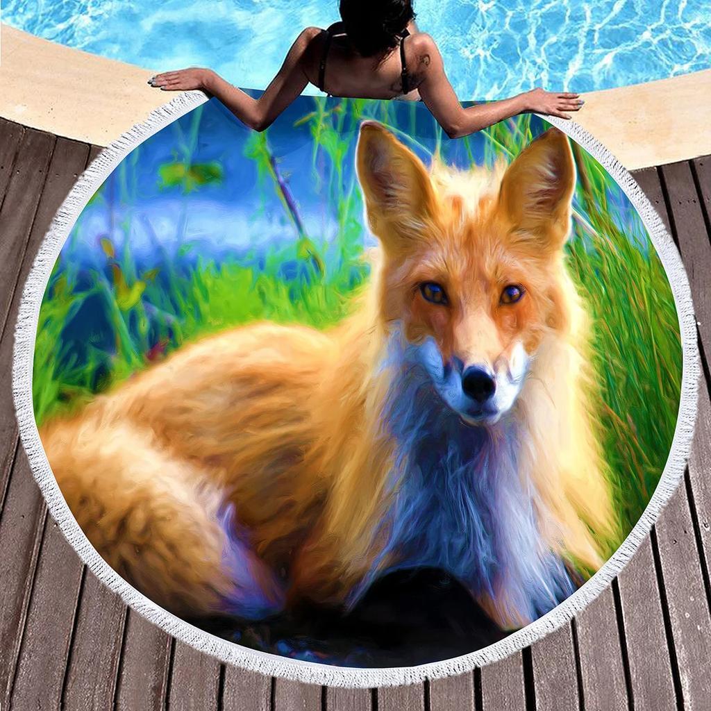 Fox Round Beach Towel, Jungle Wild Animal Beach Blanket,Rustic Farmhouse Woodland Fox Absorbent Quick Dry Pool Towel Picnic Mat