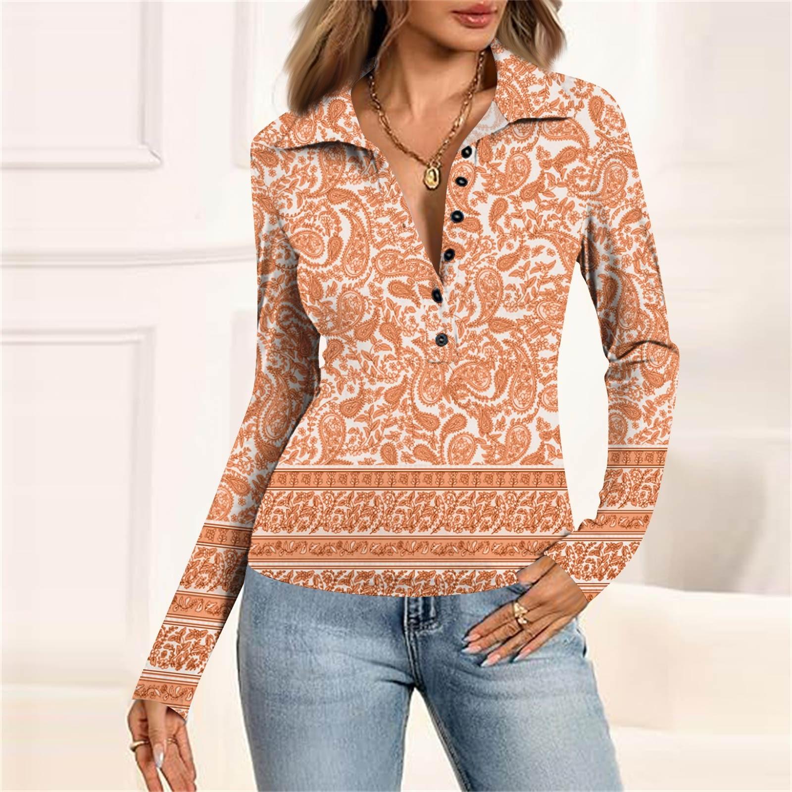 

Women s Fashion Casual Printed V-Neck Long Sleeve Button-Down Top XL помаранчевий