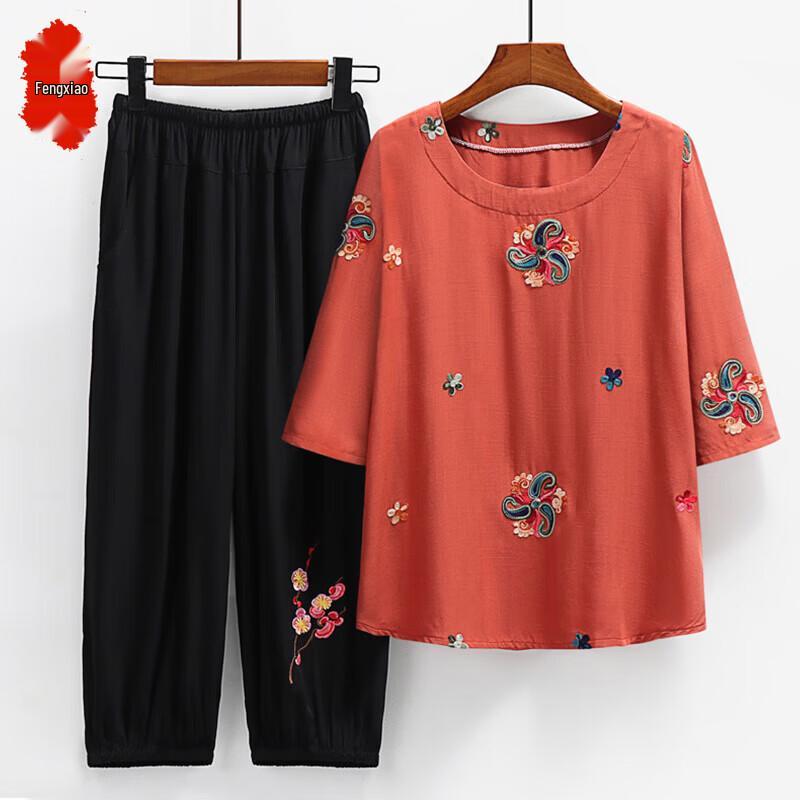 Women s Elderly Summer Floral Short-Sleeve Cotton Silk Two-Piece Set