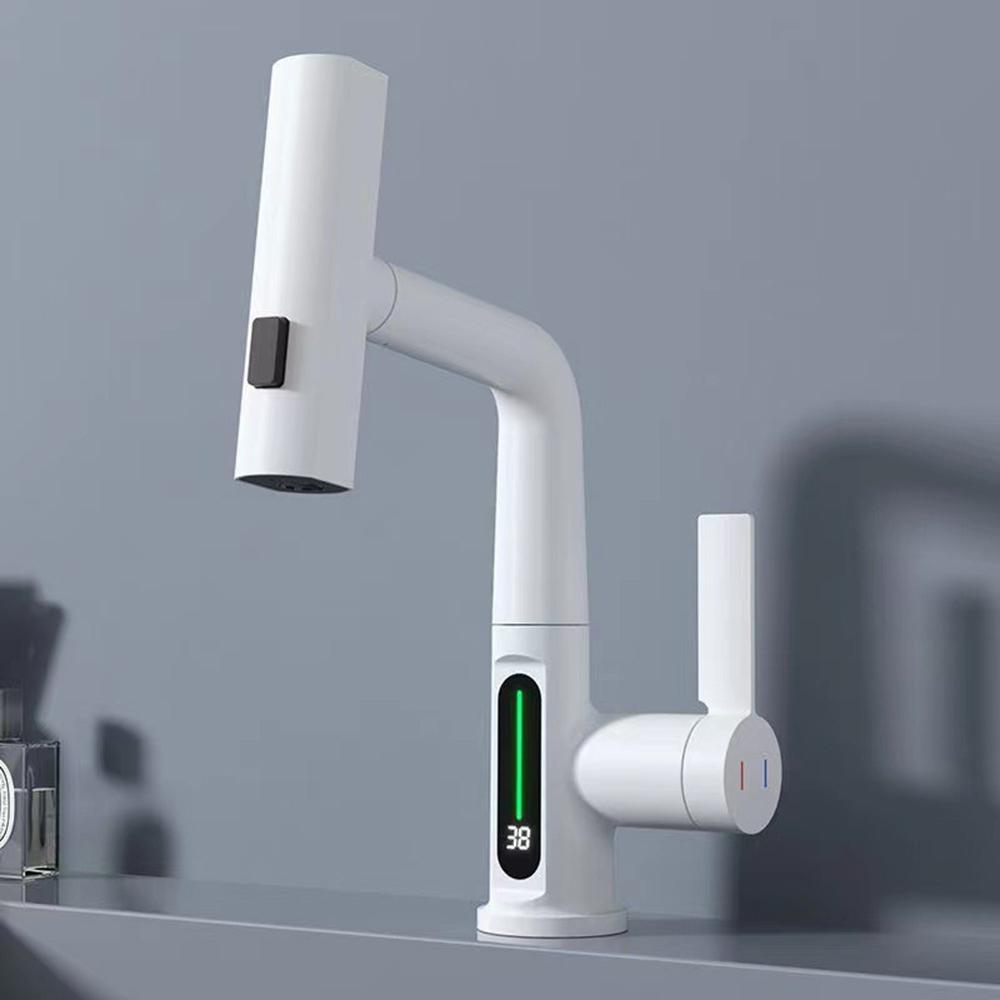 

LED Temperature Display Wash Basin Sink Hot Cold Water Faucet Brass Kitchen Bathroom Pull-Out Tap White