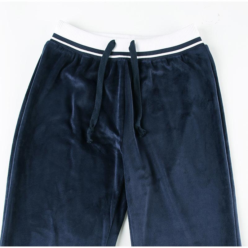 Blue Velvet Casual Pants Streetwear Stitching Straight Trousers Vintage Drawstring Low Rise Loose Women's Pants Basic 2025 Spring Autumn