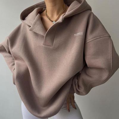 Autumn Winter Women Hoodies V-neck Long Sleeves Pullover Tops Fashion Solid Color Hooded Sports Coat Casual Loose Sweatshirt