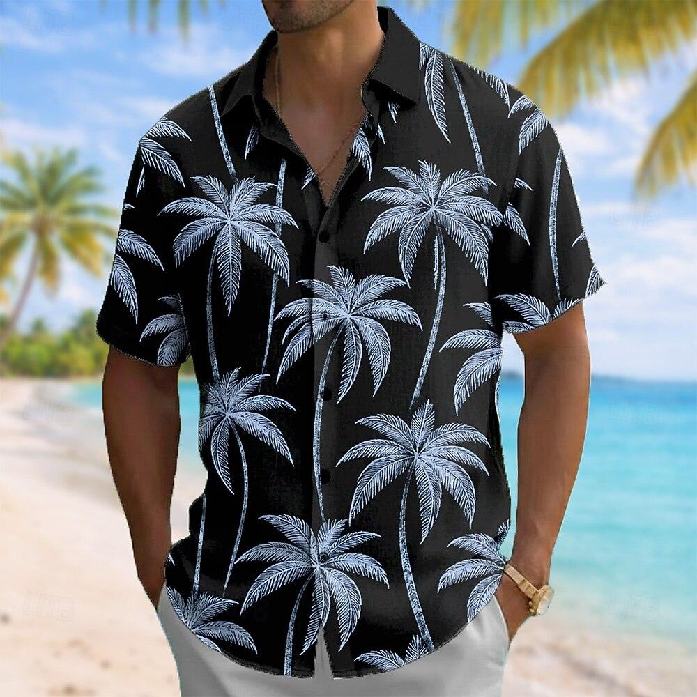 Men's Coconut Tree Tropical Hawaiian Shirt, Short Sleeve Lapel 3D Print Button Up Beach Shirt
